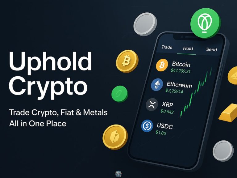 Uphold crypto trading app interface showing Bitcoin, Ethereum, XRP, and USDC prices with upward charts, coin icons, and tagline “Trade Crypto, Fiat & Metals All in One Place.”