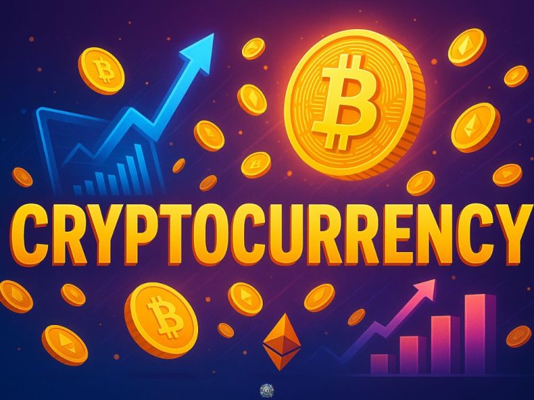 Colorful crypto illustration with Bitcoin and Ethereum coins, upward-pointing charts, and the word “CRYPTOCURRENCY” in large bold letters, highlighting market growth.