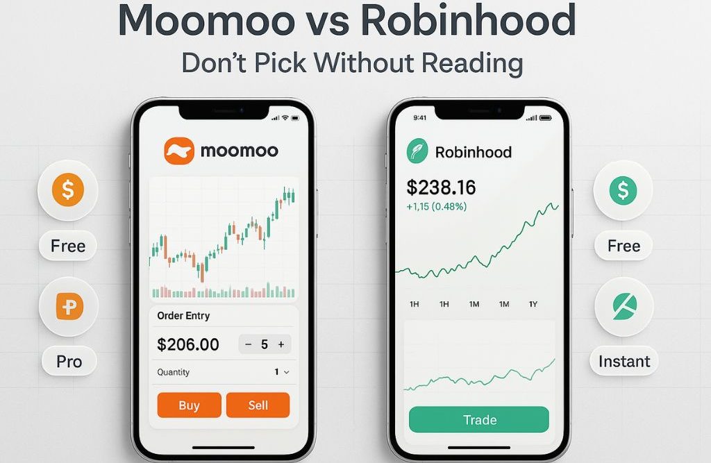 Visual comparison of Moomoo and Robinhood mobile apps showing pricing, order entry, and trading interface on smartphones.