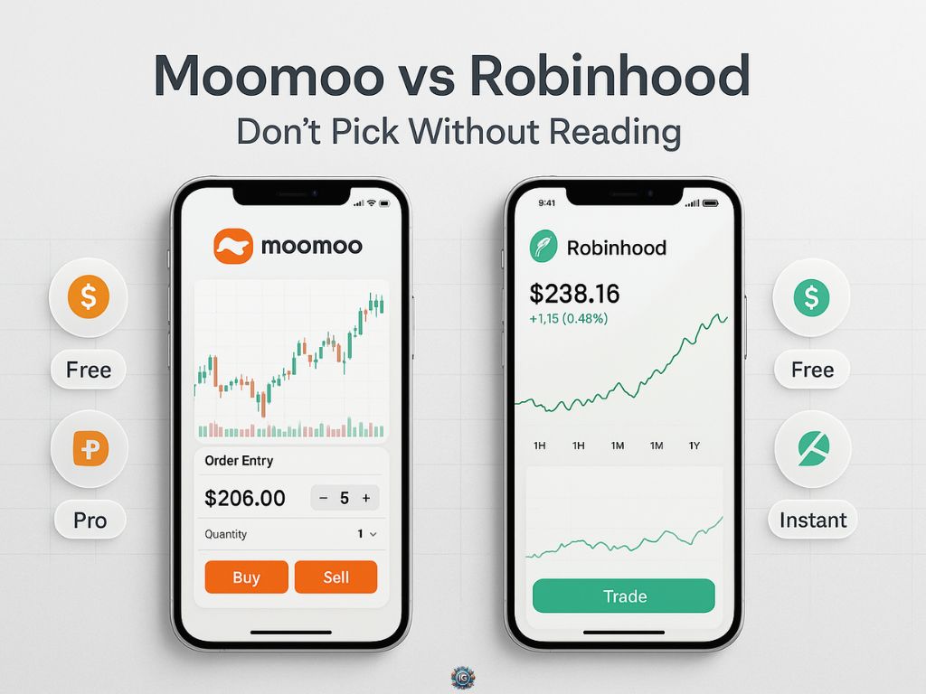 Visual comparison of Moomoo and Robinhood mobile apps showing pricing, order entry, and trading interface on smartphones.