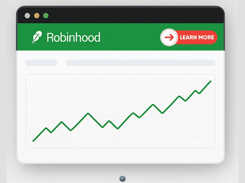Robinhood trading interface mockup with an upward-trending line chart and a red Learn More button.