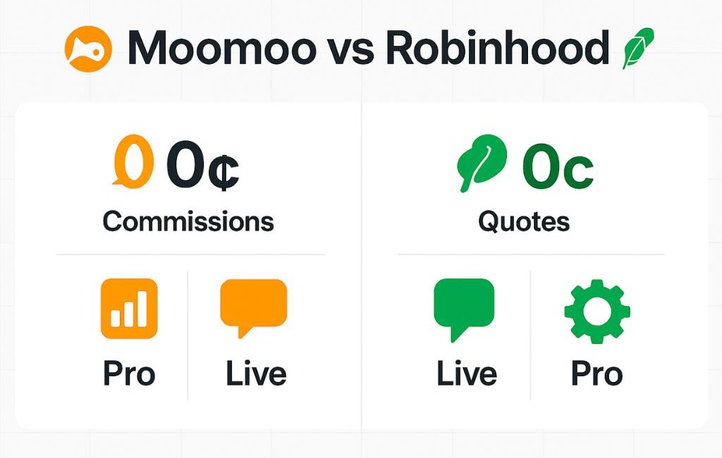 Side-by-side comparison of Moomoo and Robinhood showing icons for commissions, quotes, pro tools, and live data with $0 cost.
