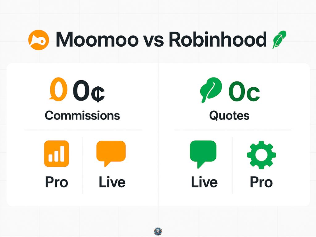 Side-by-side comparison of Moomoo and Robinhood showing icons for commissions, quotes, pro tools, and live data with $0 cost.