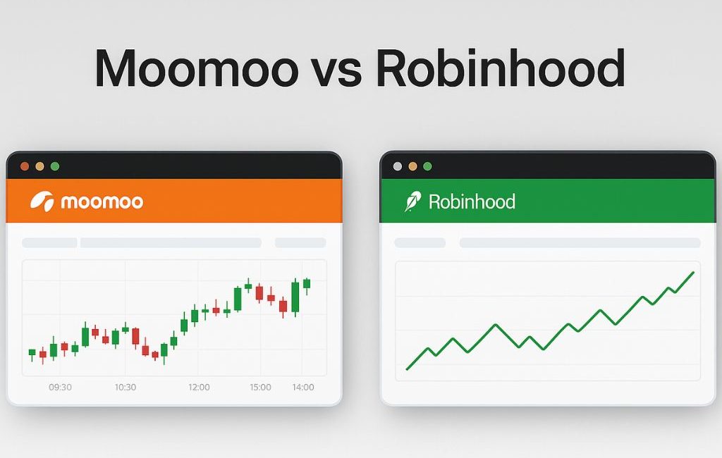 Side-by-side mockup of Moomoo and Robinhood browser trading interfaces showing candlestick vs line chart performance.
