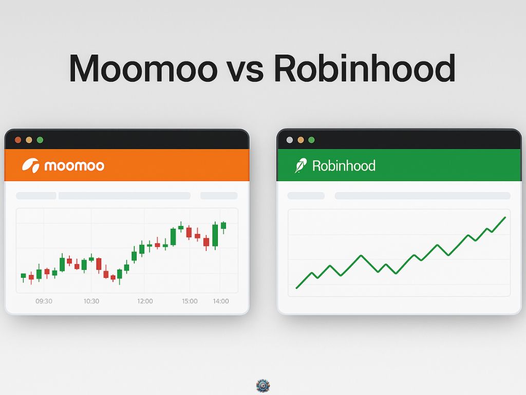 Side-by-side mockup of Moomoo and Robinhood browser trading interfaces showing candlestick vs line chart performance.