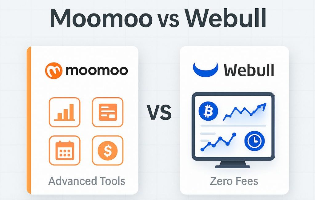 Side-by-side comparison of Moomoo and Webull with icons showing Moomoo’s advanced tools and Webull’s zero-fee trading dashboard, including Bitcoin and chart graphics.