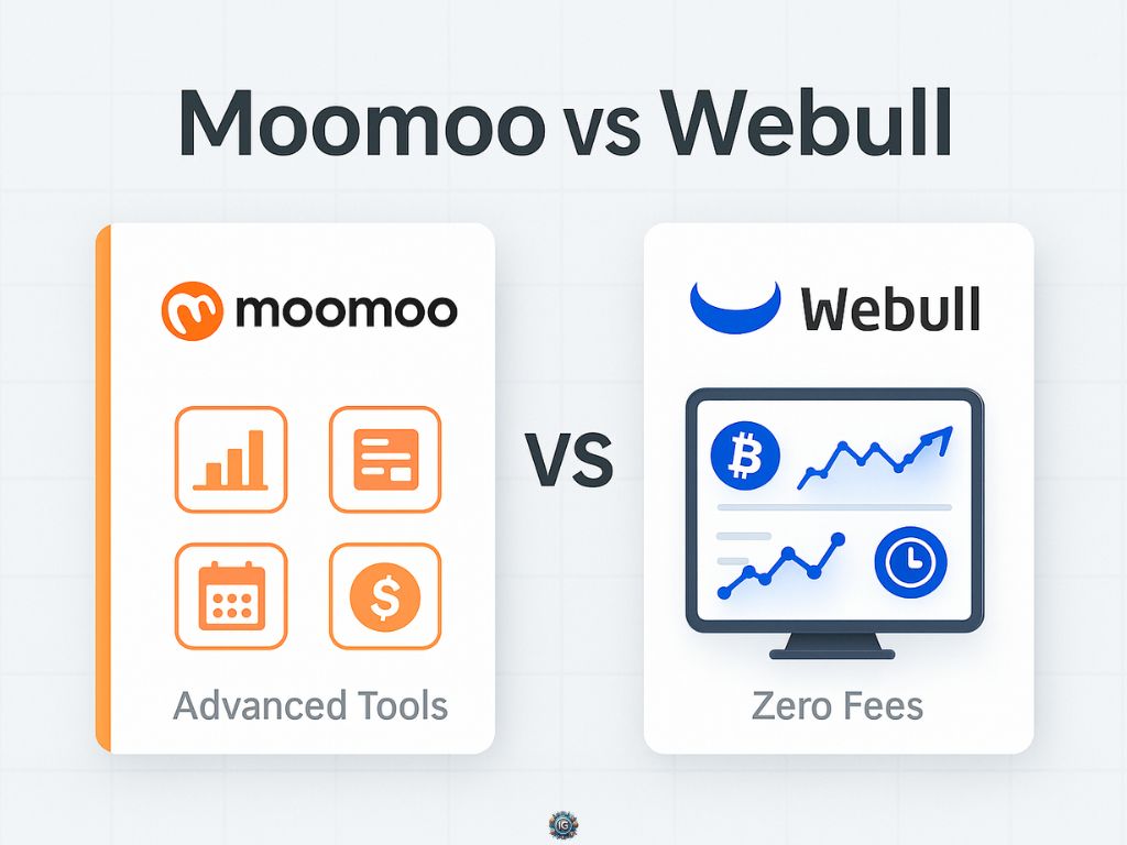 Side-by-side comparison of Moomoo and Webull with icons showing Moomoo’s advanced tools and Webull’s zero-fee trading dashboard, including Bitcoin and chart graphics.