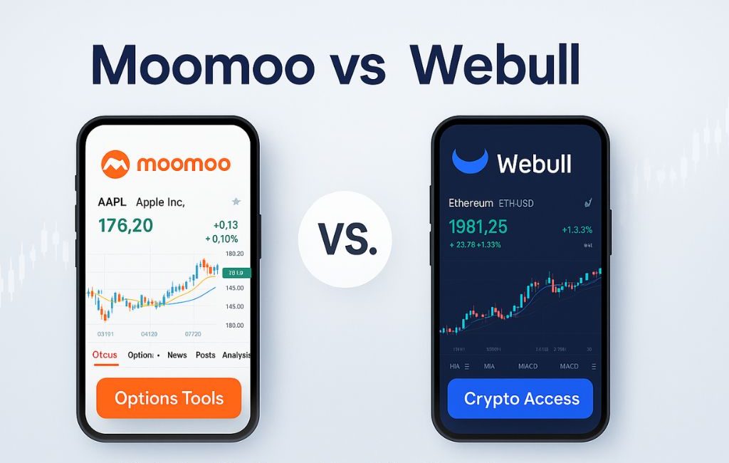 Image comparing Moomoo and Webull trading apps, with Apple stock and options tools on Moomoo and Ethereum trading and crypto access on Webull.
