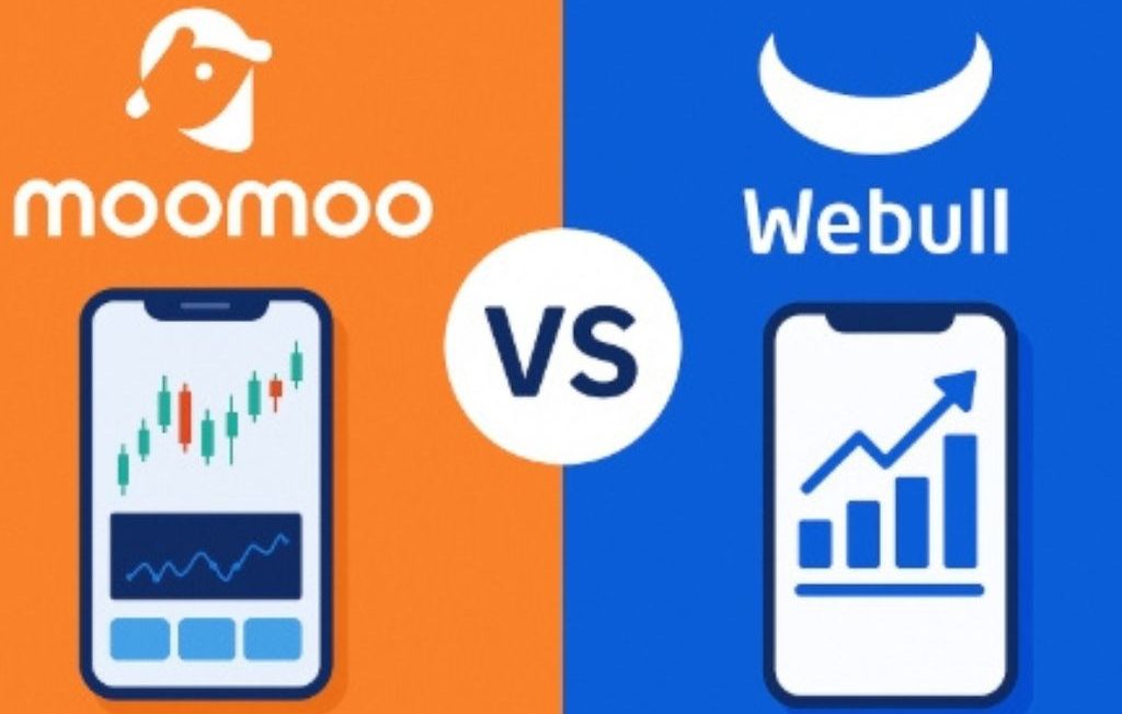 Simple comparison graphic showing Moomoo and Webull mobile trading interfaces side-by-side with candlestick and bar charts, labeled “VS” in the center.