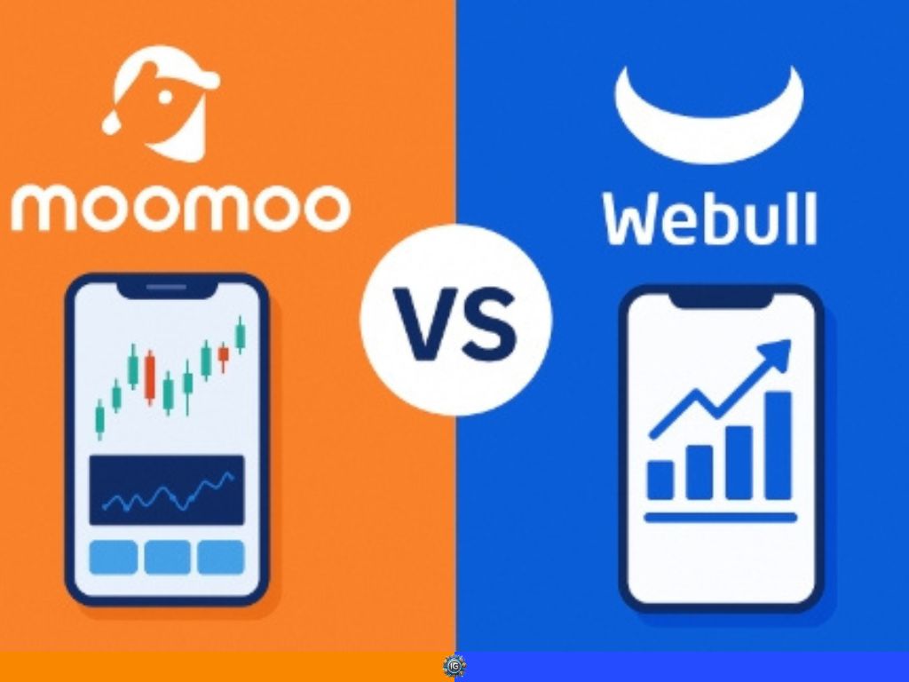 Simple comparison graphic showing Moomoo and Webull mobile trading interfaces side-by-side with candlestick and bar charts, labeled “VS” in the center.