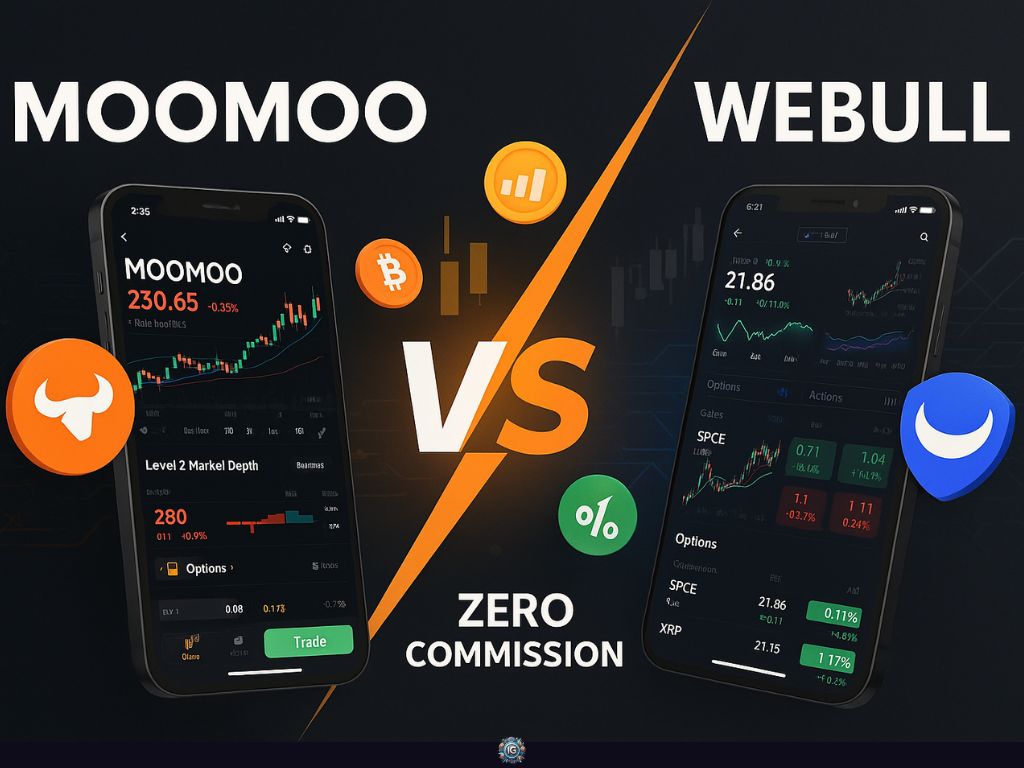 Graphic comparing Moomoo and Webull trading apps with phone screens showing charts, prices, and options data, alongside icons for crypto and zero commission trading.
