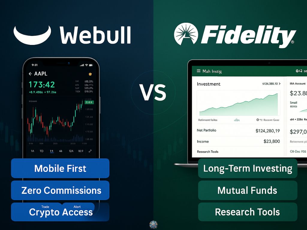Side-by-side image comparing Webull mobile trading with crypto and zero commission to Fidelity’s long-term investing and mutual fund dashboard on desktop.