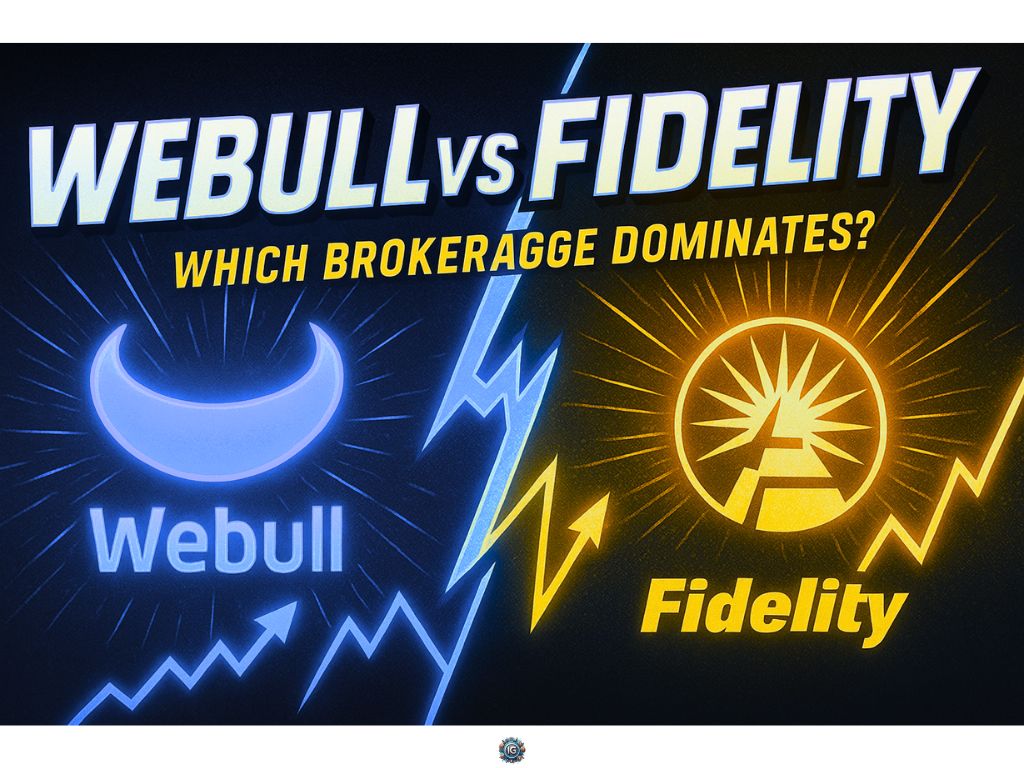 Bold graphic comparing Webull and Fidelity brokerages with lightning effects, stock growth arrows, and glowing platform logos.