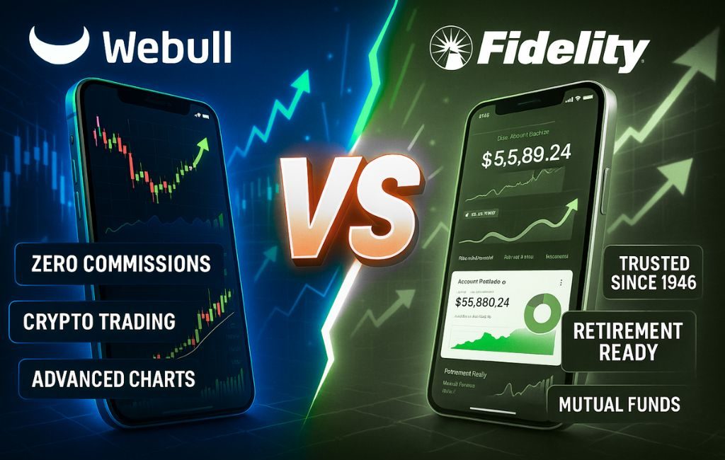 Webull vs Fidelity comparison image showing mobile trading interfaces with highlights like crypto trading, mutual funds, and zero commissions vs retirement readiness.