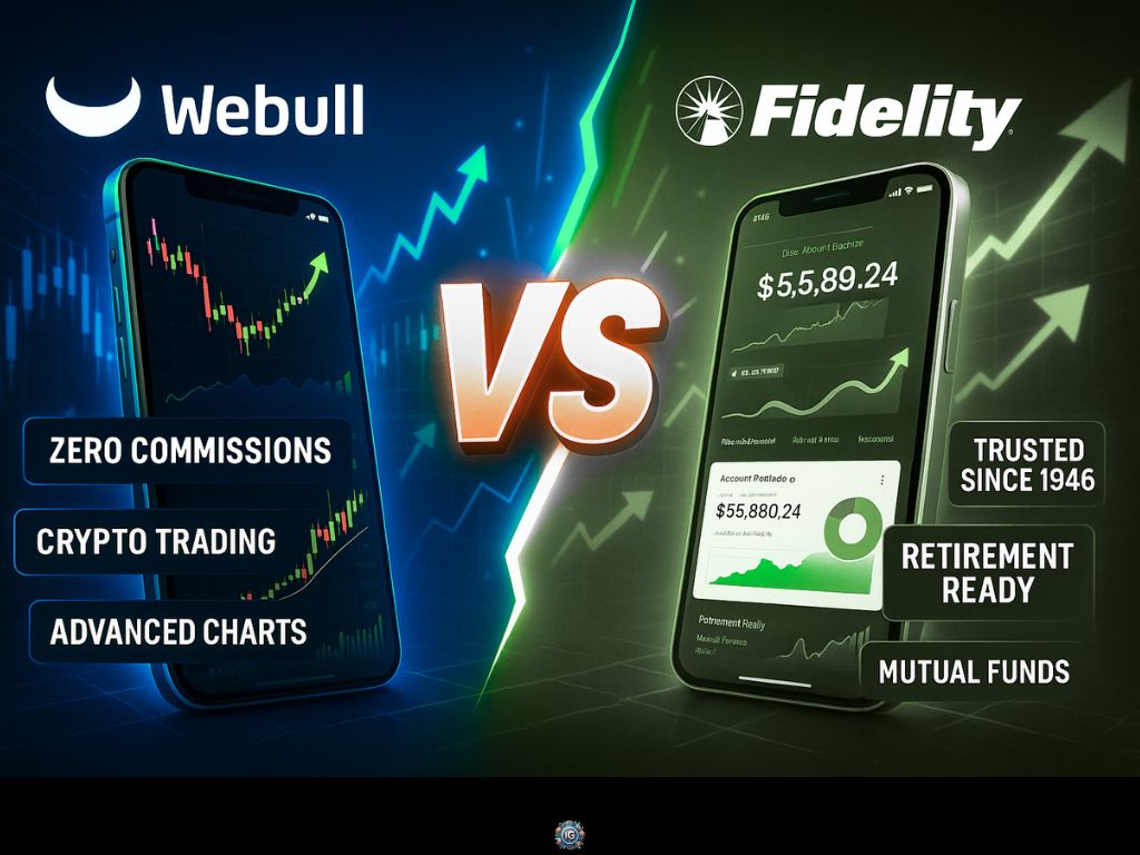 Webull vs Fidelity comparison image showing mobile trading interfaces with highlights like crypto trading, mutual funds, and zero commissions vs retirement readiness.