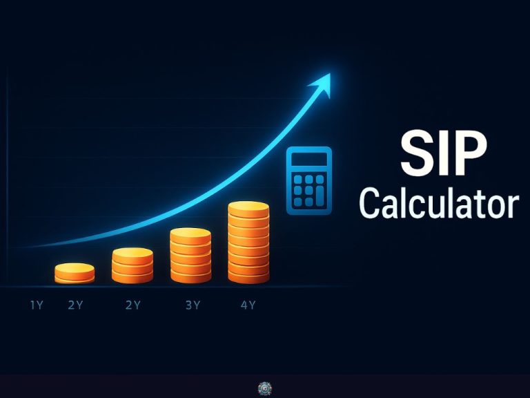 Dark chart background with gold coin stacks at 1Y–4Y, a rising blue arrow, a calculator icon, and overlay text “SIP Calculator.”