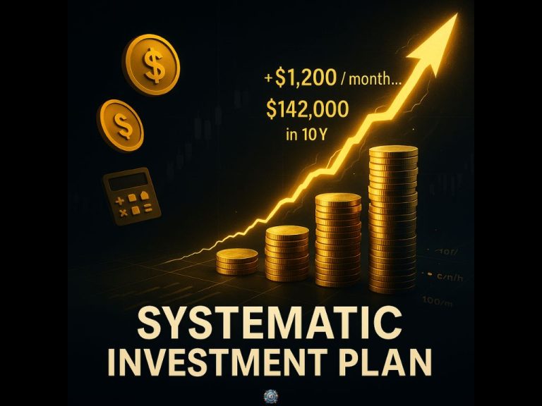 Stacks of gold coins under a rising glowing arrow with text “+ $1,200/month… $142,000 in 10 Y” and “SYSTEMATIC INVESTMENT PLAN,” plus floating dollar coin and calculator icons.