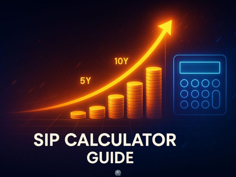 Dark background with rising arrow over gold coin stacks labeled 5Y and 10Y, a neon calculator icon, and overlay text “SIP Calculator Guide.”