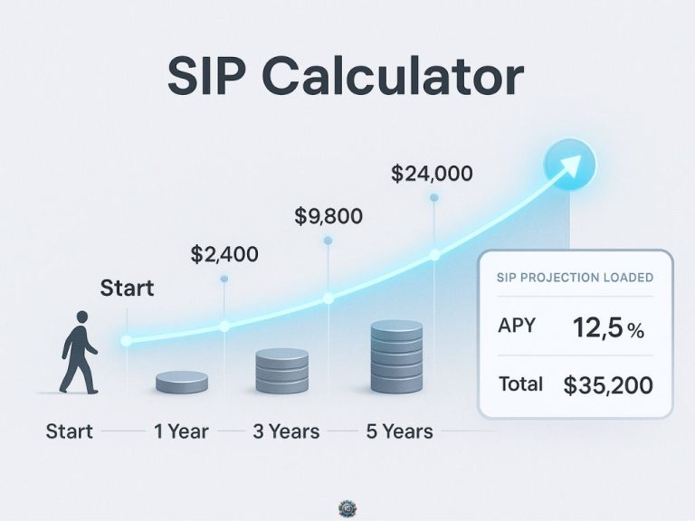 Infographic titled “SIP Calculator” showing a person at Start, coin stacks at 1 Year $2,400, 3 Years $9,800, 5 Years $24,000 under a rising line, with a panel displaying APY 12.5% and total $35,200.