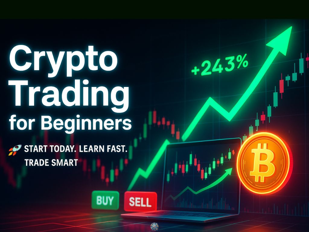 "Crypto trading for beginners illustration with rising candlestick chart, Bitcoin logo, and text promoting smart trading strategies"