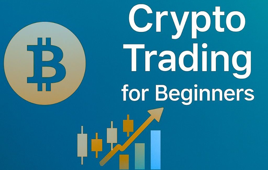 Graphic with a Bitcoin icon, candlestick chart, and arrow trending upward, alongside the text “Crypto Trading for Beginners” on a blue background.