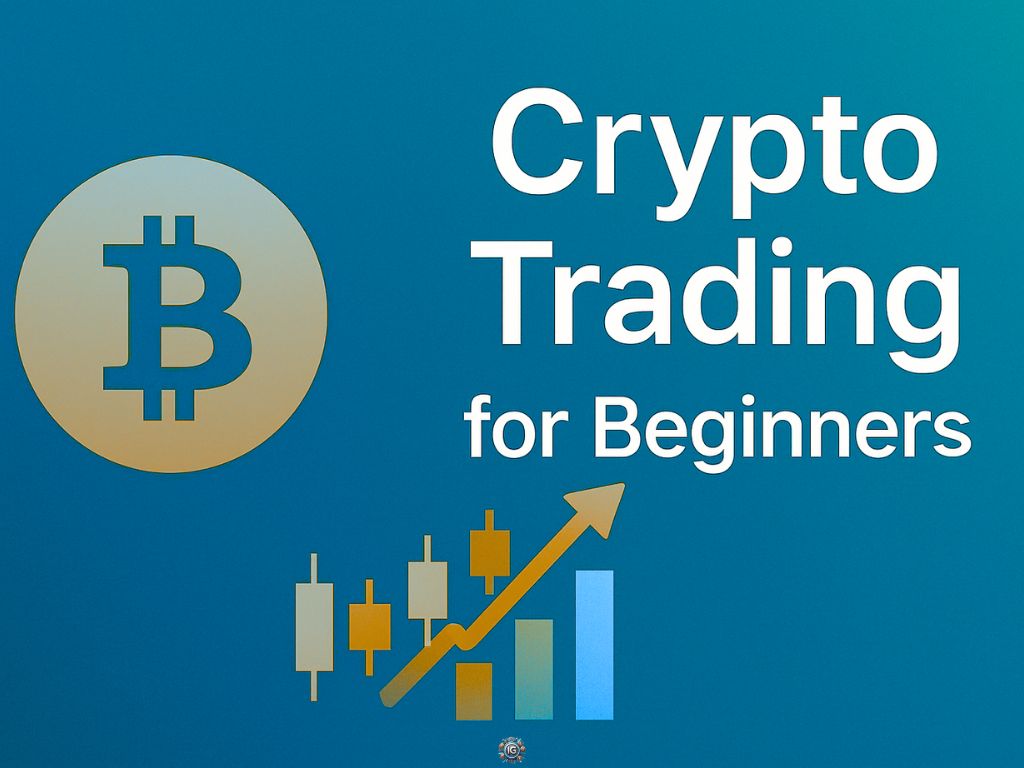 Graphic with a Bitcoin icon, candlestick chart, and arrow trending upward, alongside the text “Crypto Trading for Beginners” on a blue background.