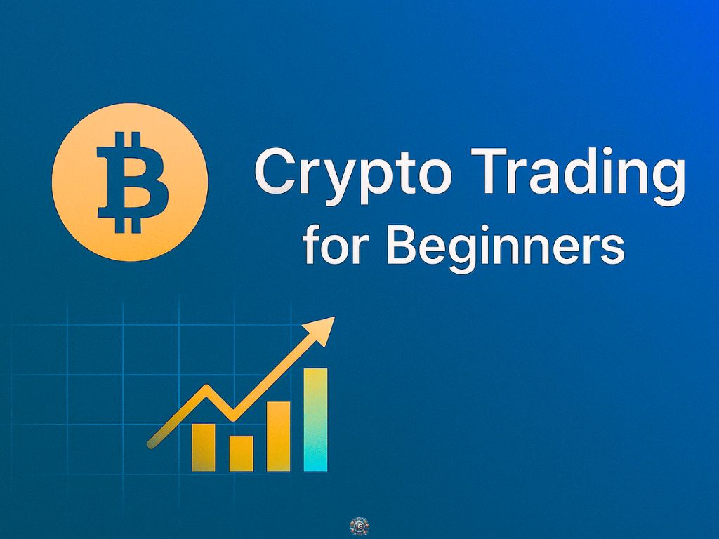 Crypto trading graphic for beginners with a Bitcoin logo and upward-trending bar chart on a blue background, featuring the text “Crypto Trading for Beginners.”
